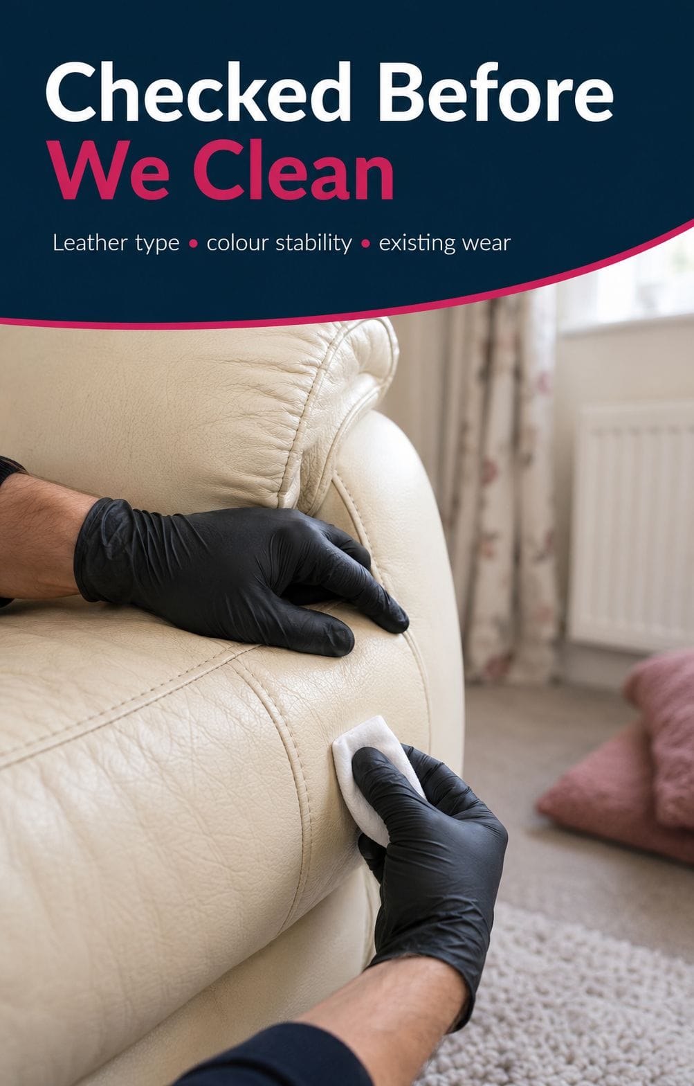 Checking leather type and colour stability before sofa cleaning in Redditch