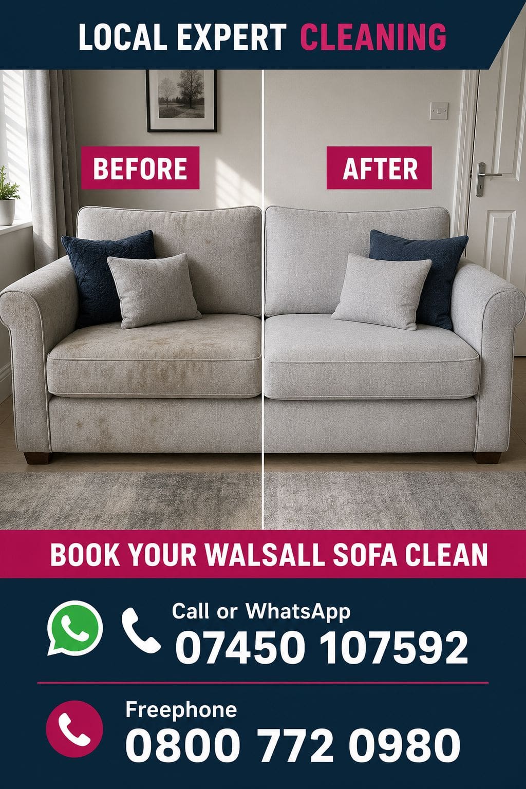 Before-and-after sofa cleaning visual with Local Expert Cleaning contact details for Walsall