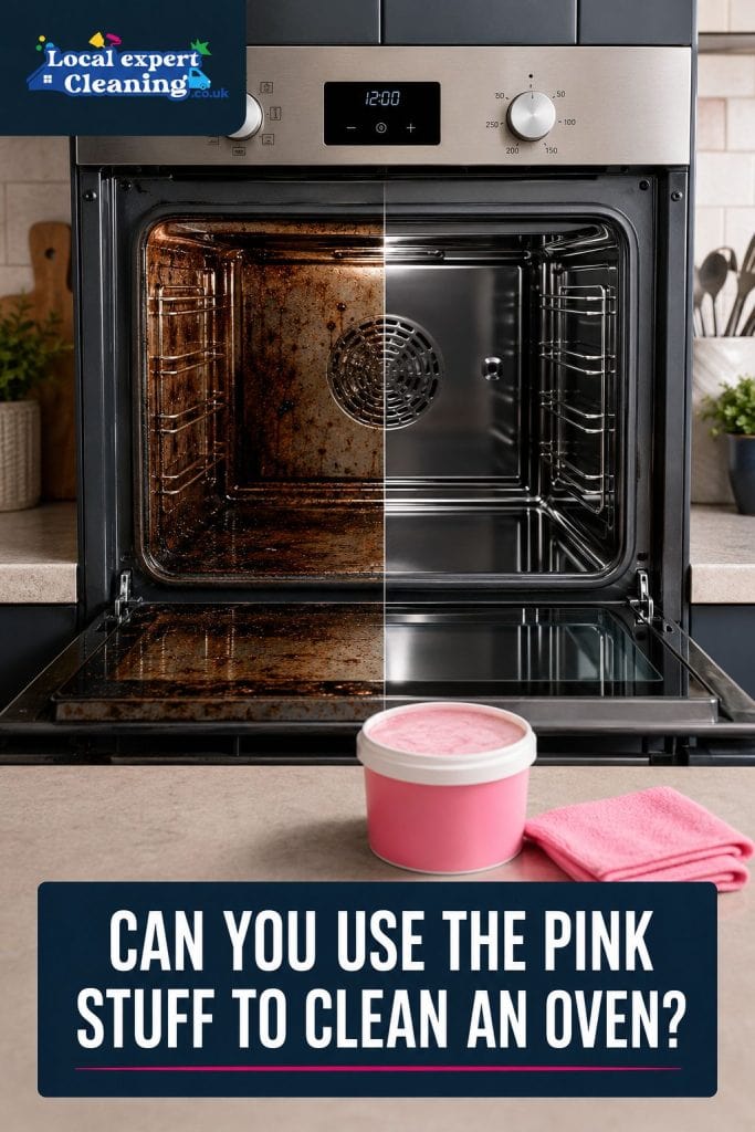 Dirty and clean oven comparison for using The Pink Stuff to clean an oven