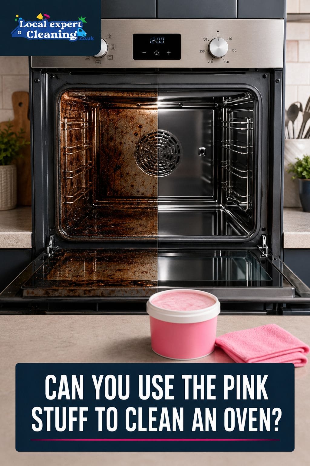 Dirty and clean oven comparison for using The Pink Stuff to clean an oven