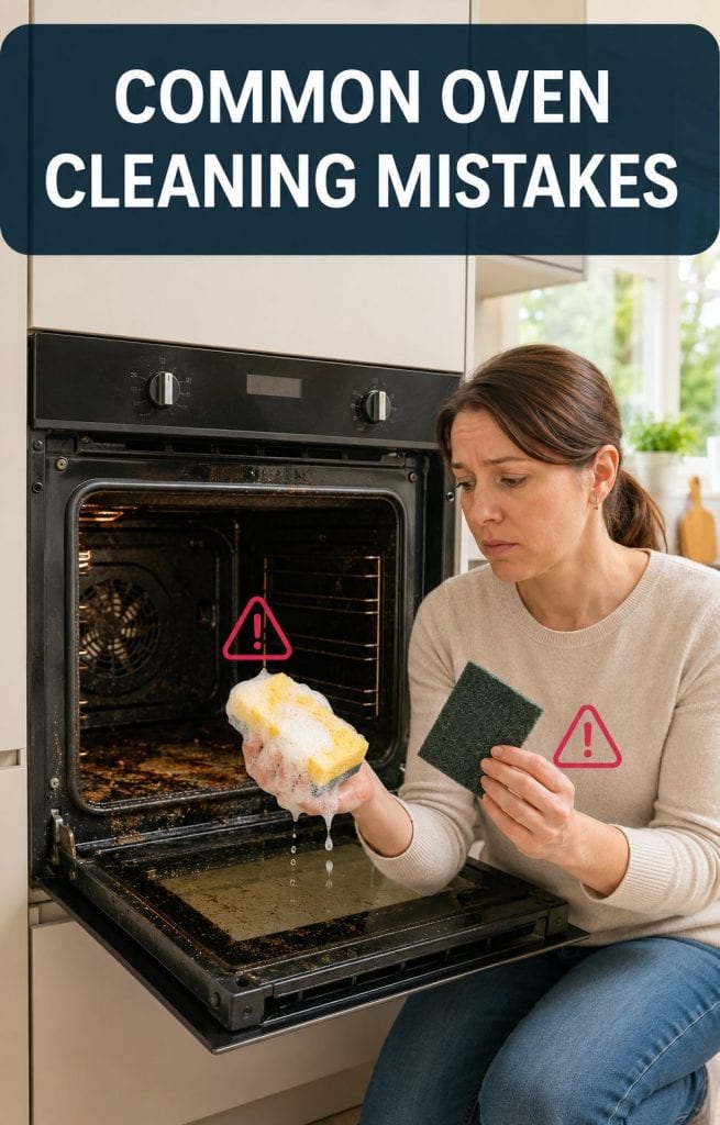 Homeowner comparing unsuitable cleaning tools beside a greasy oven