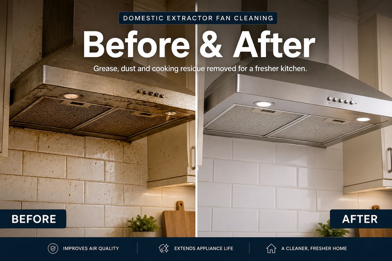 Domestic kitchen extractor fan before and after professional grease and filter cleaning