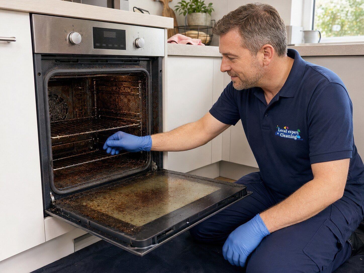 Local Expert Cleaning technician inspecting heavy grease inside an oven