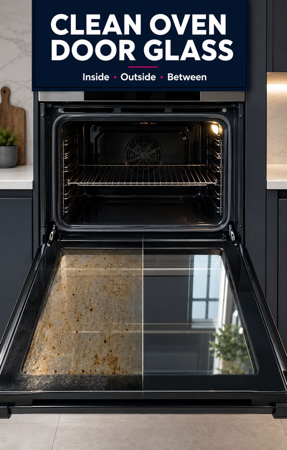 Dirty and clean oven door glass before and after cleaning