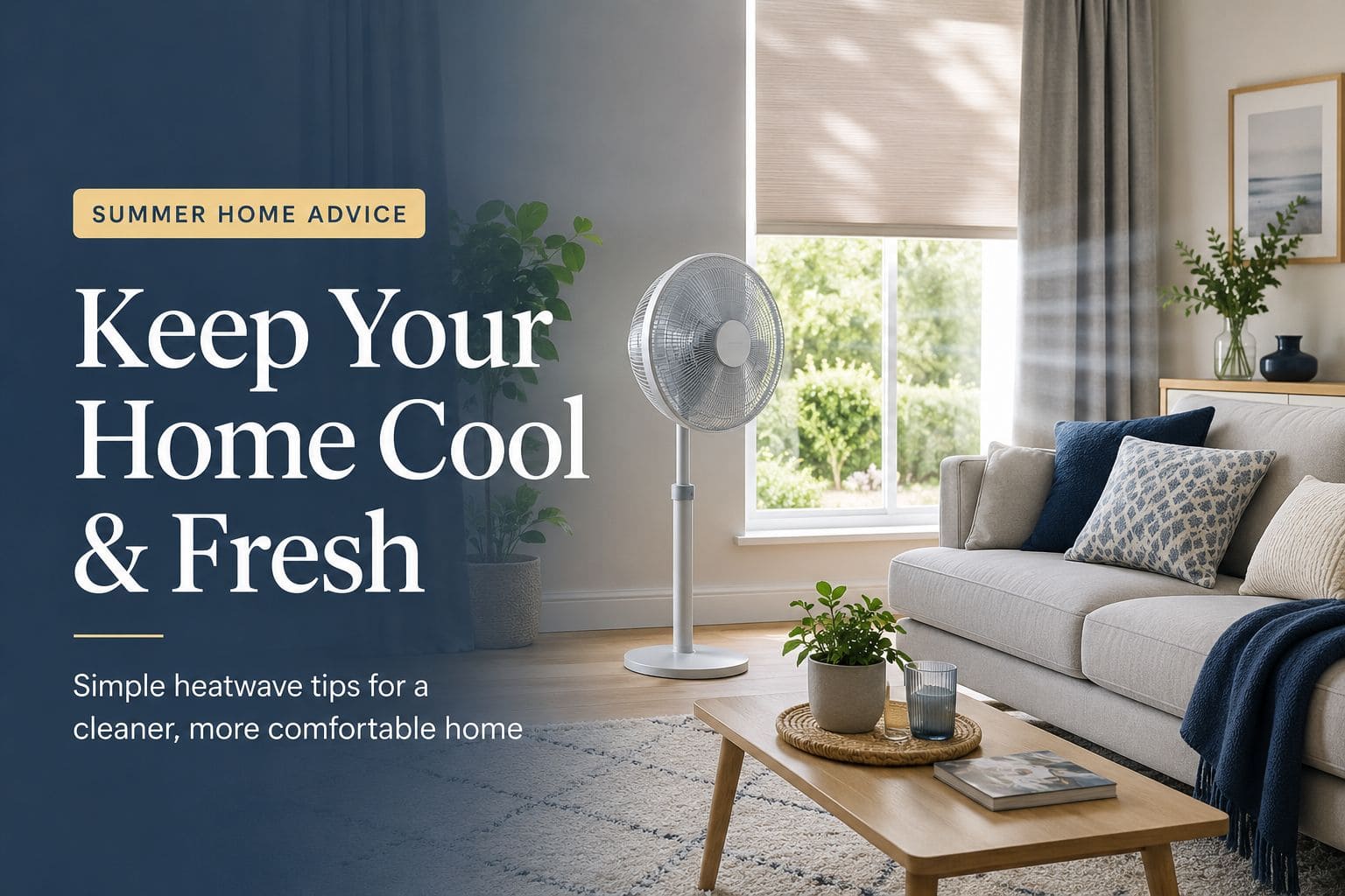 Clean living room with a fan and closed curtains during a UK heatwave