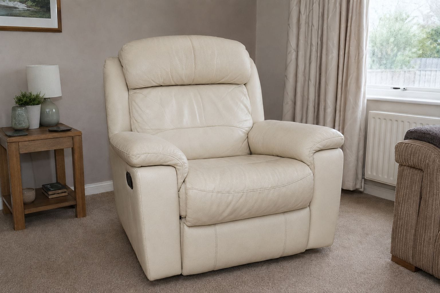 Cream leather recliner after cleaning in Redditch with a cleaner even finish