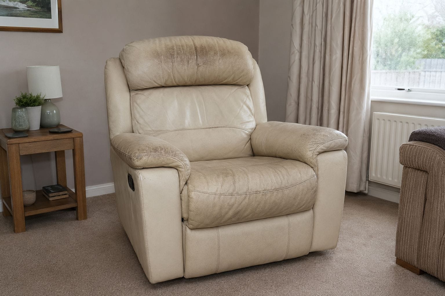 Cream leather recliner before cleaning in Redditch with body-oil and grime