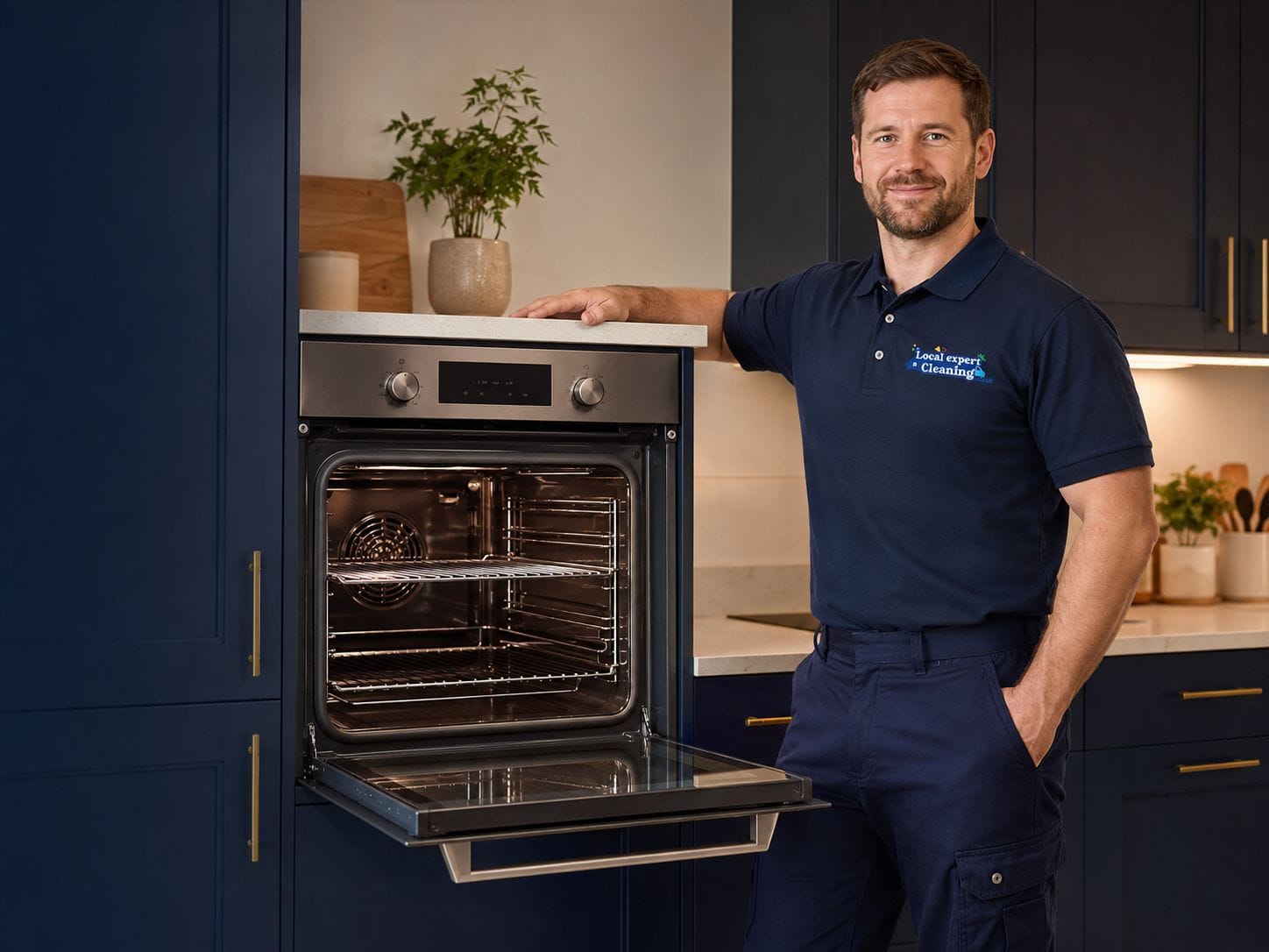 Local Expert Cleaning technician beside a professionally cleaned oven
