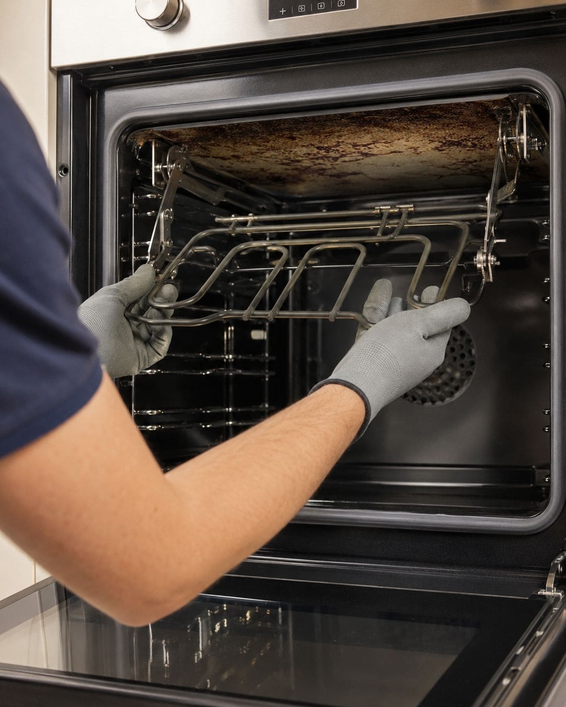 Professional oven cleaner lowering a hinged grill element to access the oven roof