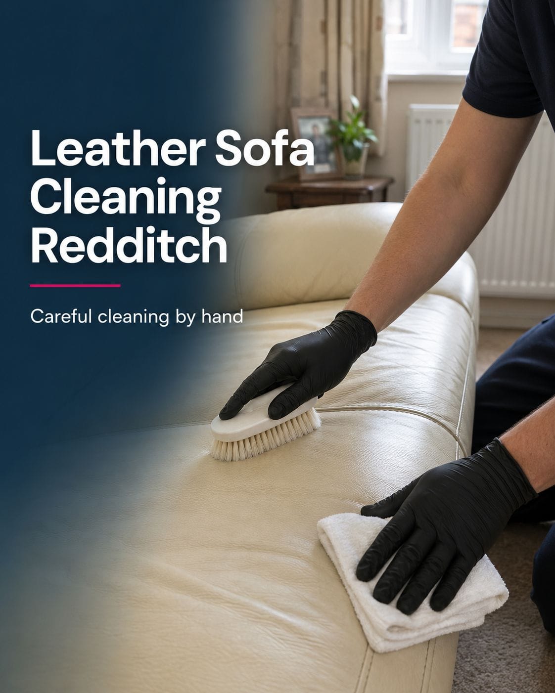 Technician carefully cleaning a cream leather sofa by hand in Redditch