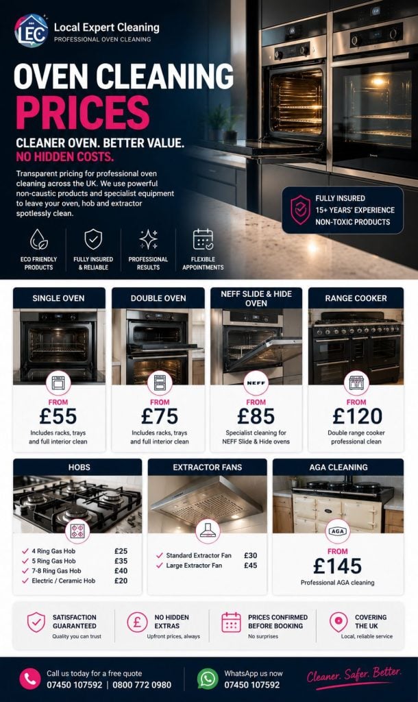 Professional oven cleaning prices showing single ovens, double ovens, NEFF ovens, range cookers, hobs, extractor fans and AGA cleaning.