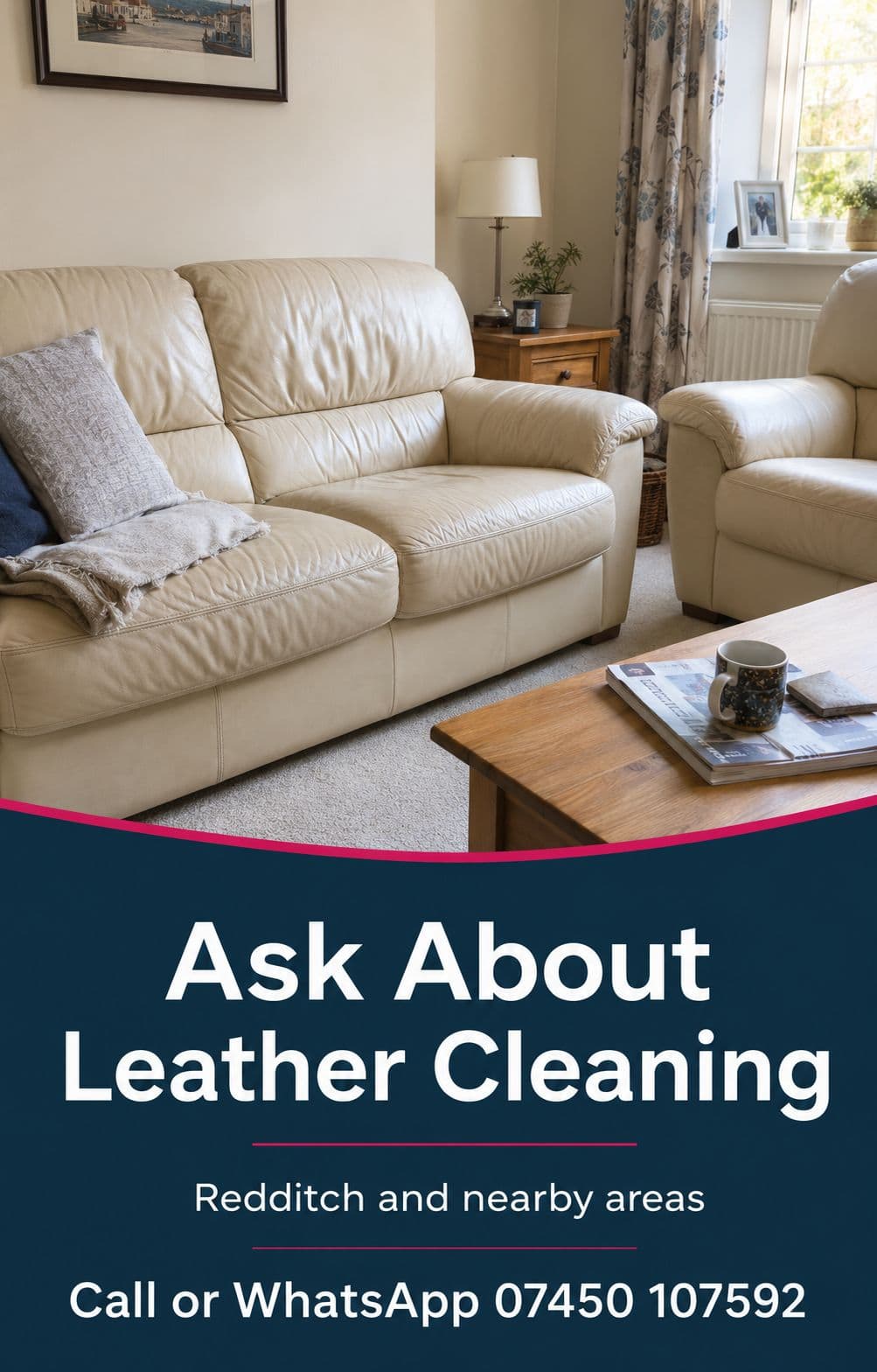 Contact options for leather sofa cleaning in Redditch by phone or WhatsApp