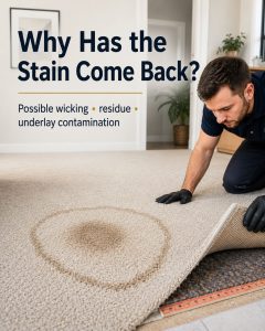Technician inspecting a returning carpet stain with a visible wick ring and contaminated underlay beneath
