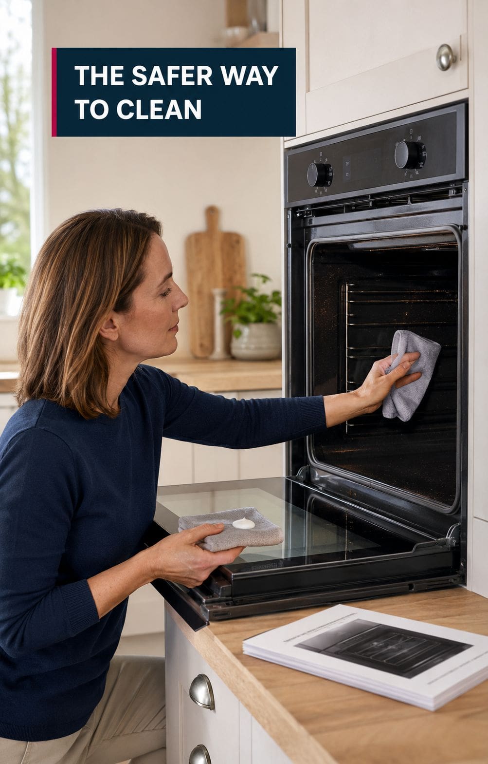 Homeowner carefully wiping a cooled oven with a soft cloth