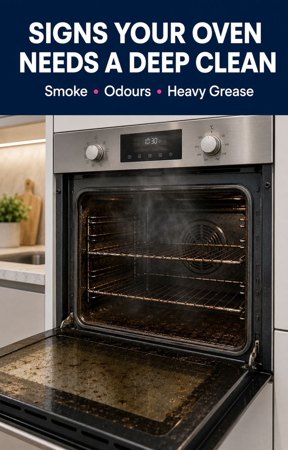 Greasy oven showing smoke odours and heavy grease before deep cleaning