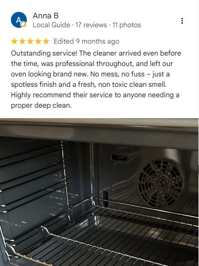 Screenshot of Anna B's five-star Google review following her oven cleaning service