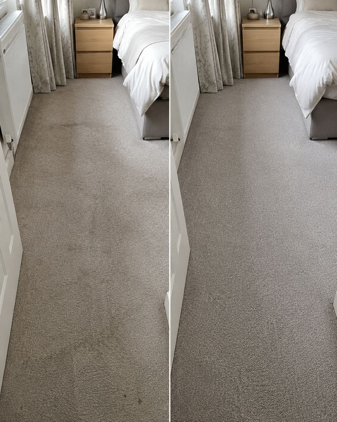Illustrative bedroom carpet cleaning before and after comparison showing a cleaner carpet beside the bed