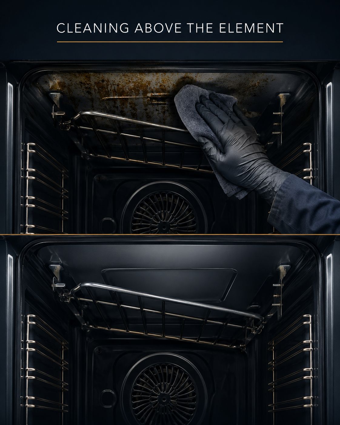 Before and after cleaning grease from above an oven grill element