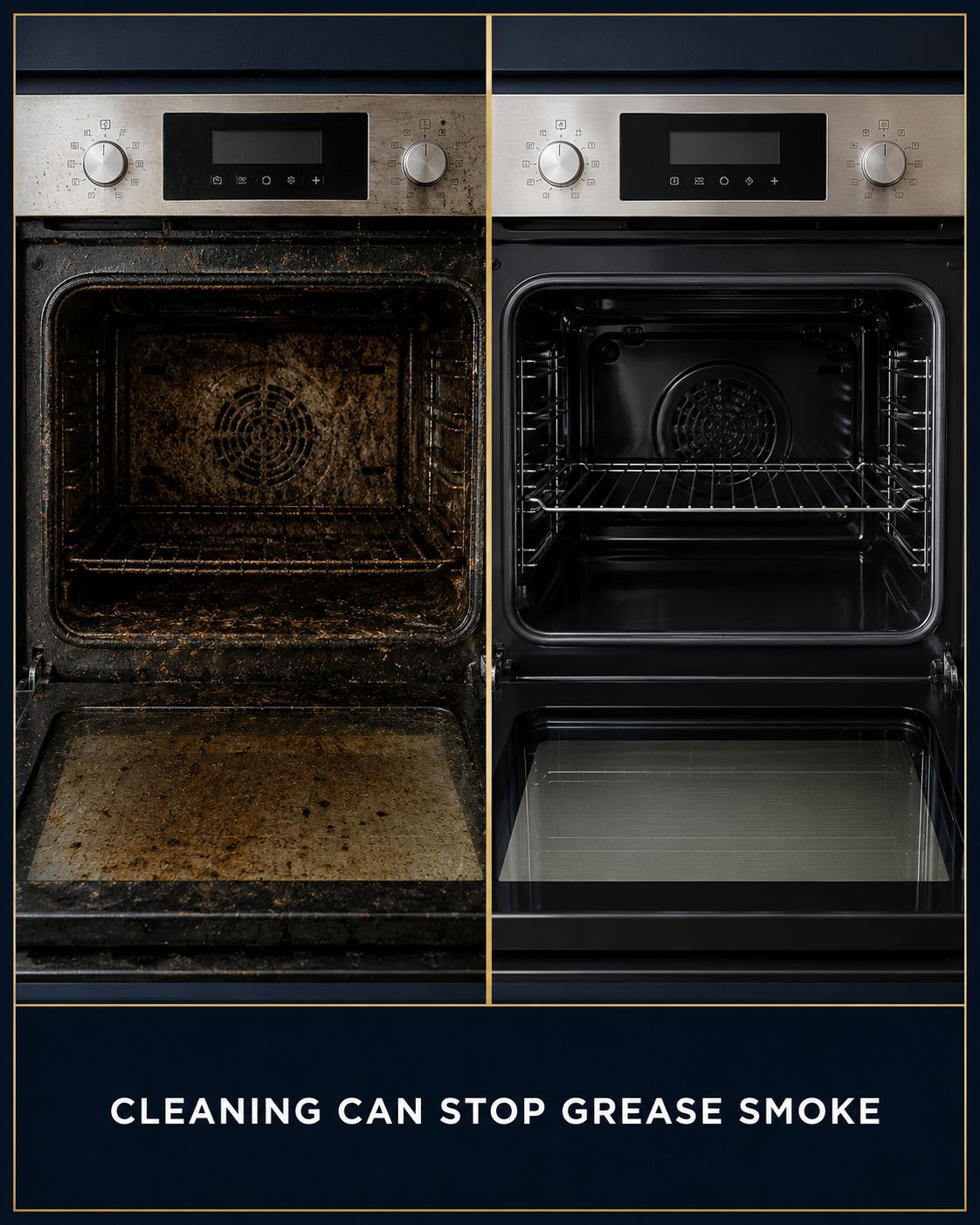 Dirty and clean oven comparison showing grease that can cause oven smoke