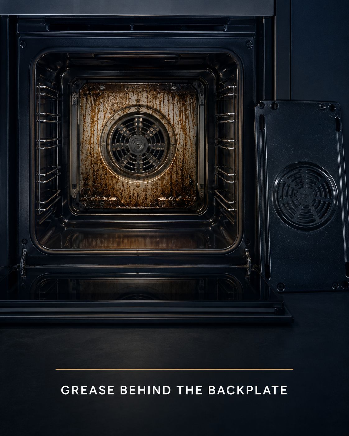 Grease and cleaning product residue hidden behind an oven backplate