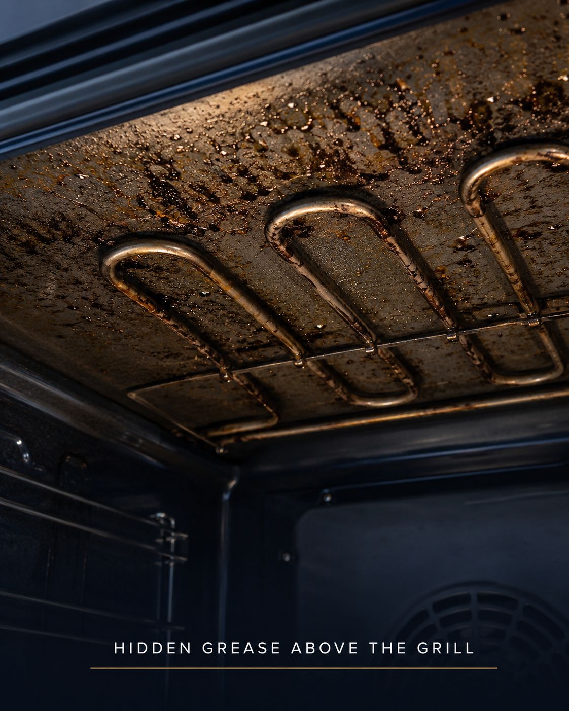 Hidden grease and burnt-on fat above an oven grill element causing smoke
