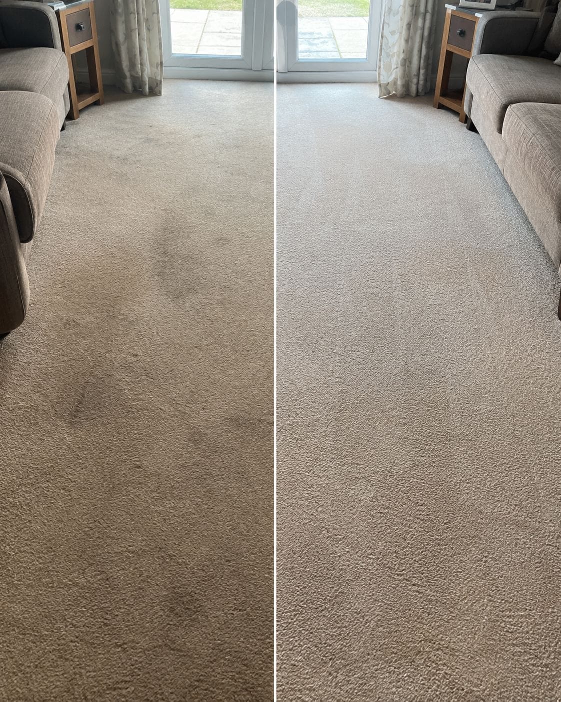 Illustrative living-room carpet cleaning before and after comparison showing improved carpet colour and appearance