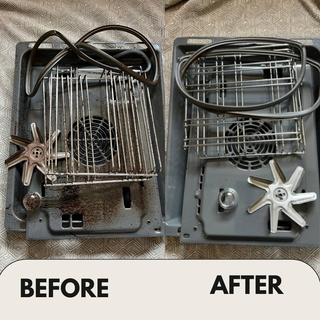 Before and after oven cleaning in Bromsgrove showing racks, pan, fan blade, backplate, bulb cover, side racks and rubber seal removed for cleaning