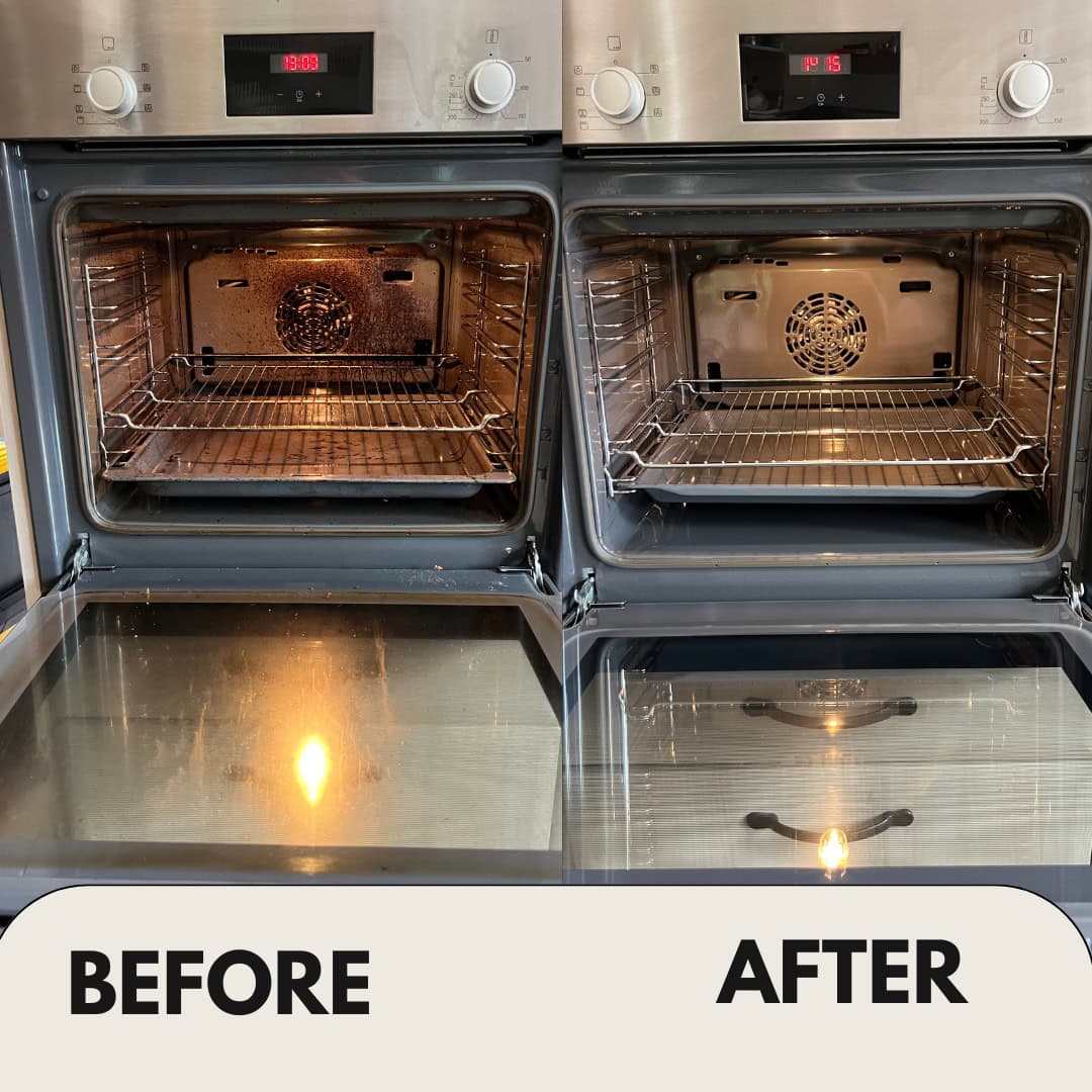 Before and after oven cleaning in Bromsgrove showing the dirty oven interior, door and racks compared with the fully cleaned oven