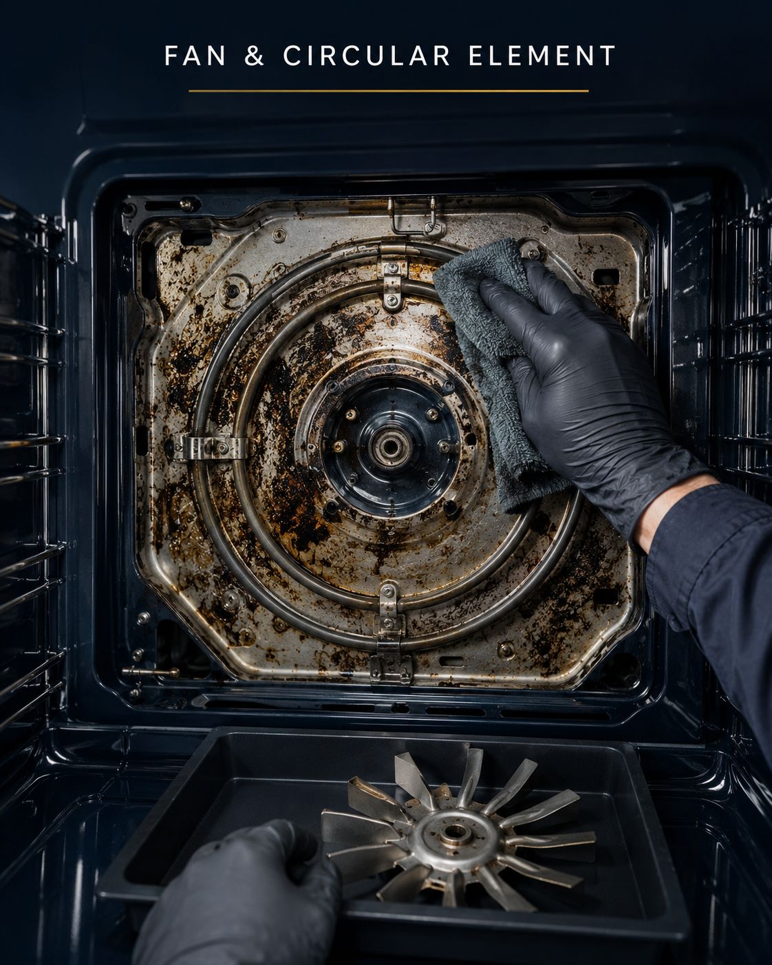 Cleaning grease from an oven fan blade and circular heating element area