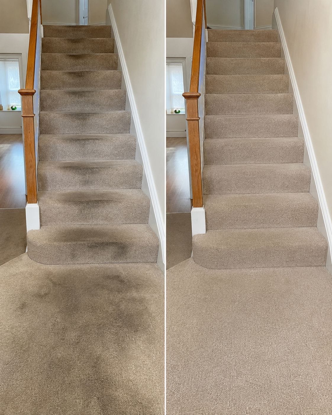 Illustrative stairs and landing carpet cleaning before and after comparison showing improved traffic areas