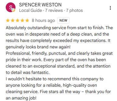 Google review from Spencer Weston after oven cleaning in West Bromwich