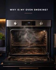 Dirty built-in oven producing smoke from burnt grease and carbon deposits