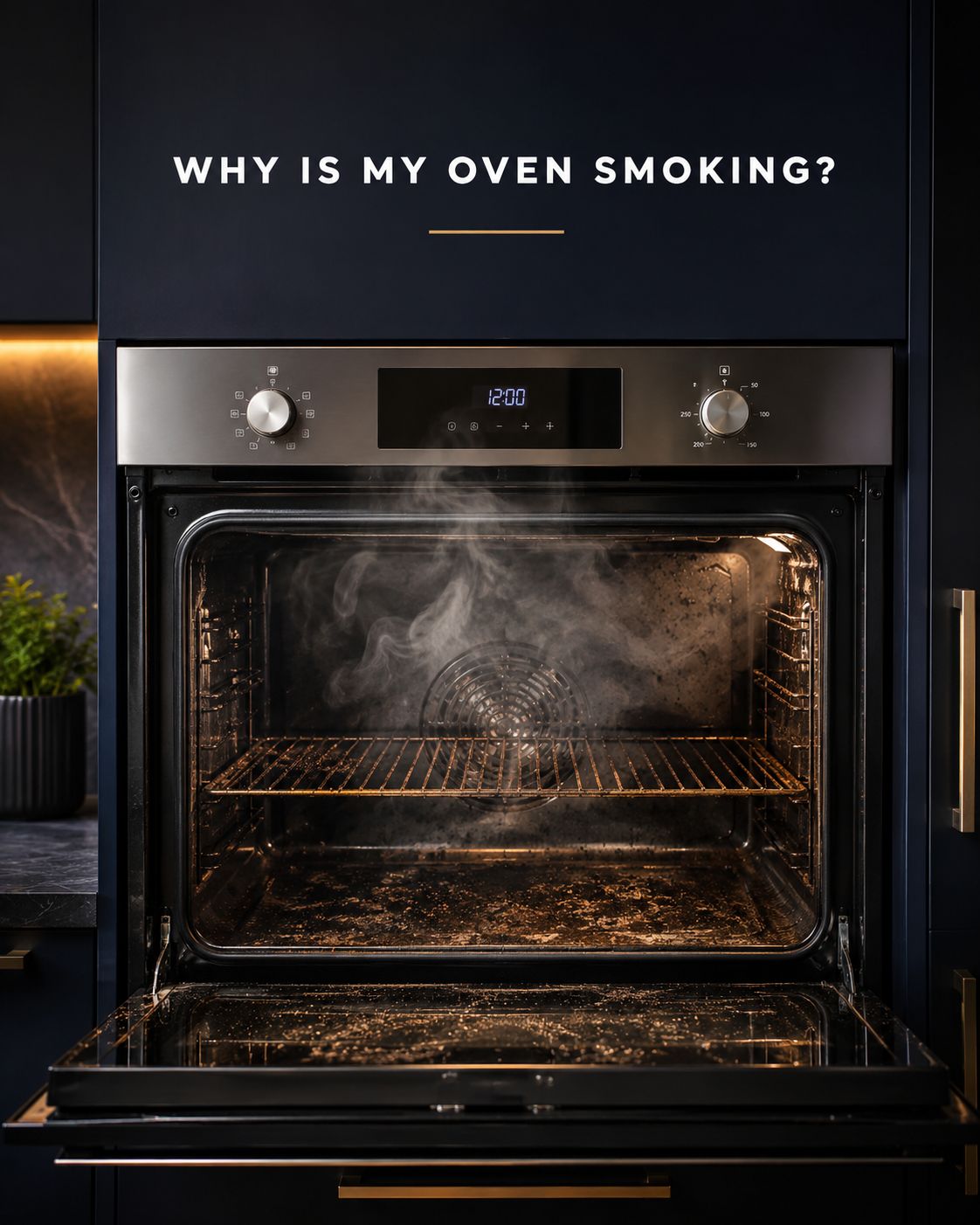 Dirty built-in oven producing smoke from burnt grease and carbon deposits