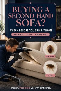Second-hand sofa inspection showing bed bugs, fleas and professional upholstery cleaning