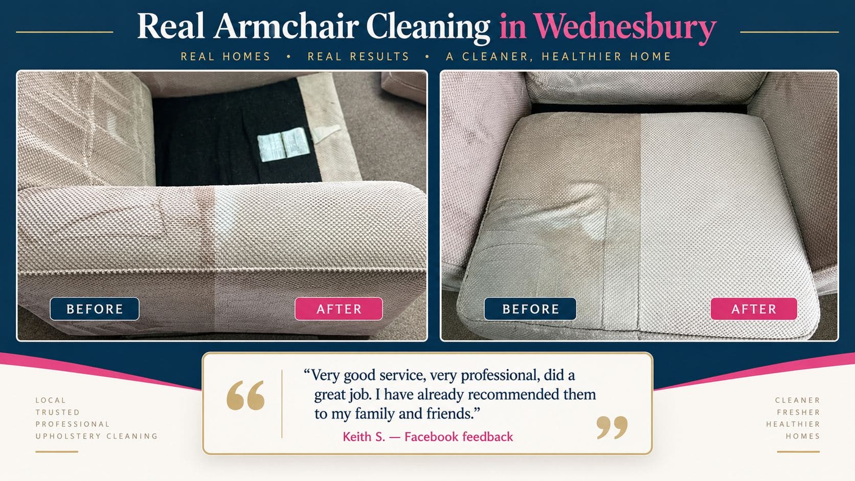 Half-cleaned fabric armchair showing professional upholstery cleaning results with customer feedback in Wednesbury
