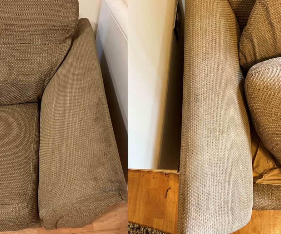 Side-by-side photos of a marked fabric sofa armrest before and after cleaning in Bearwood