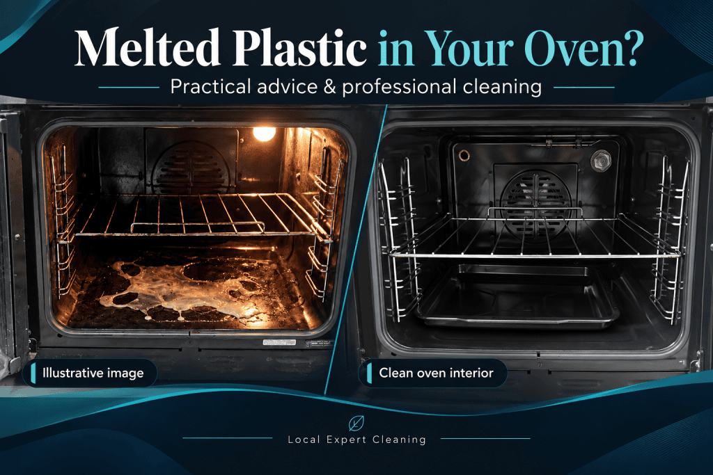 Melted plastic illustration beside a clean oven interior, with removal advice heading