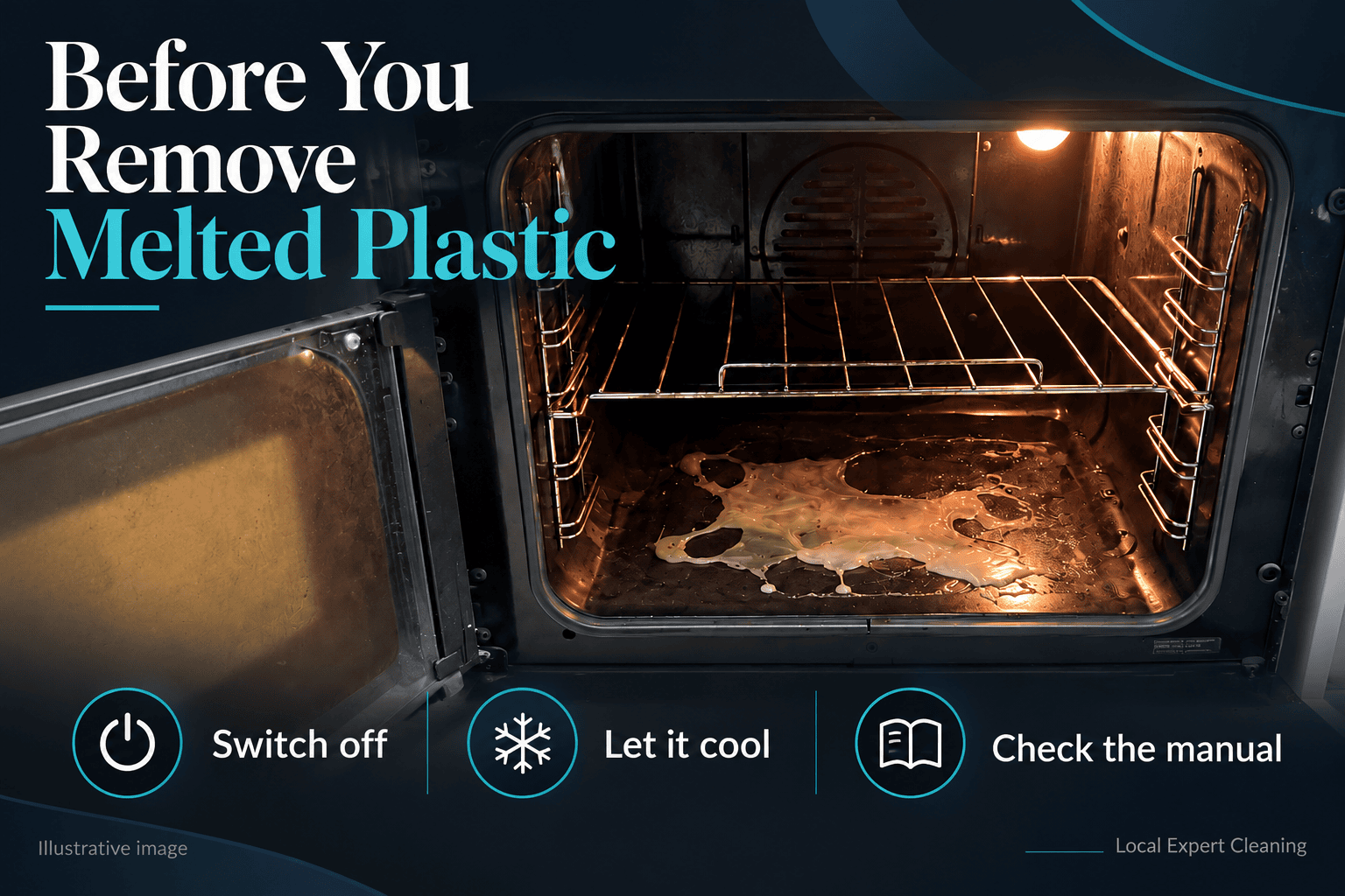 Melted plastic illustration with the steps: switch off, let the oven cool and check the manual.
