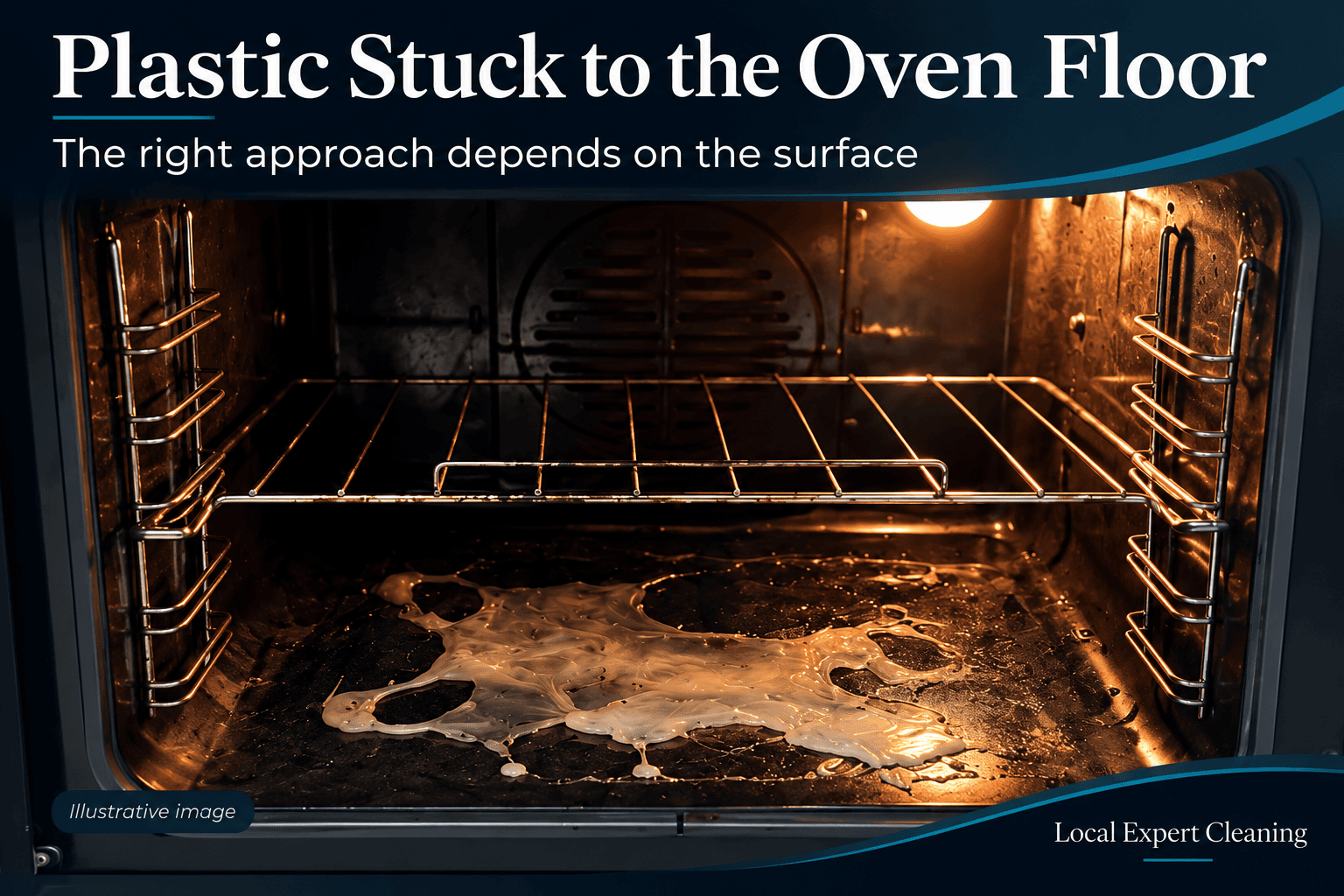 Illustration showing melted plastic spread across the floor of an oven.