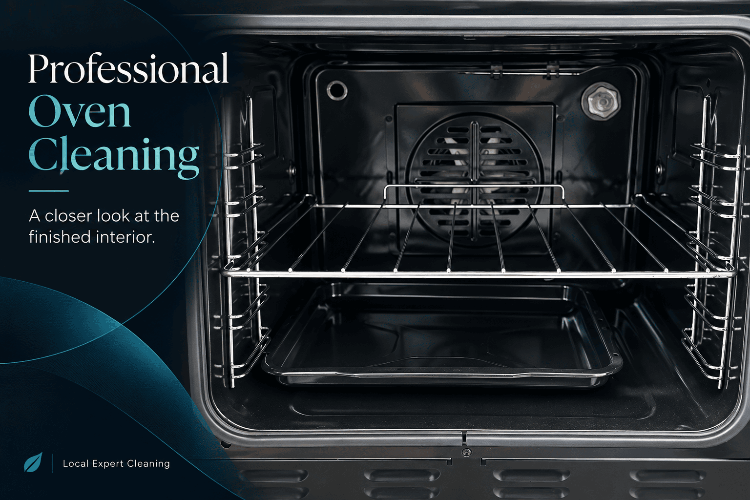 Oven-cleaning graphic showing a clean interior with a wire rack, baking tray and rear fan cover.